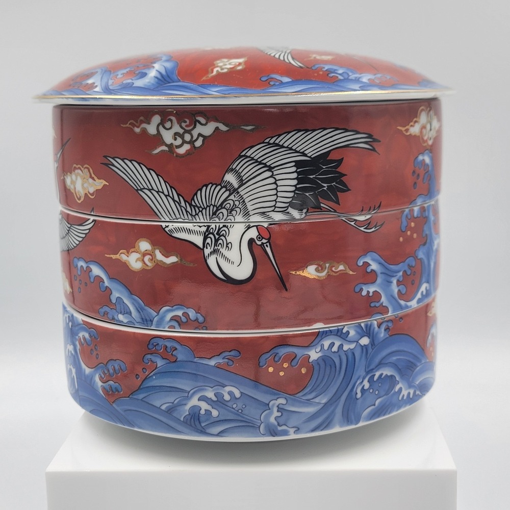 Vtg Traditionaal Japanese Takahashi Red Crowned Crane Ams Wave Bento Box 3Tier